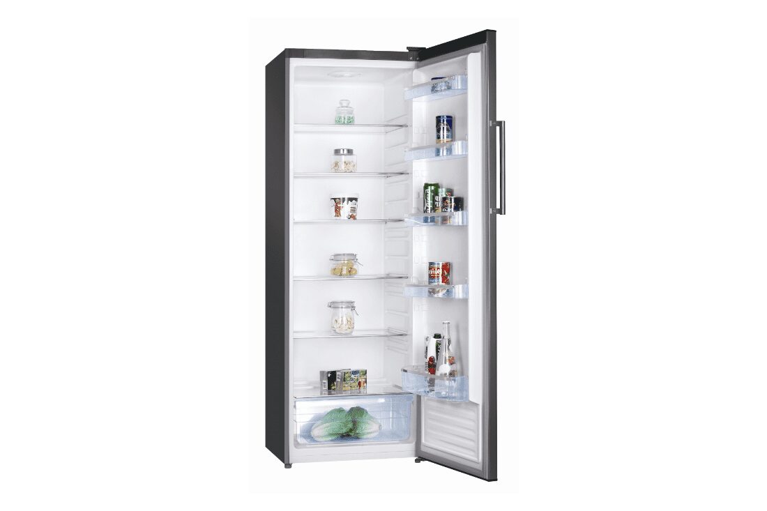 Vrijstaande hoge koelkast, donker gekleurd.