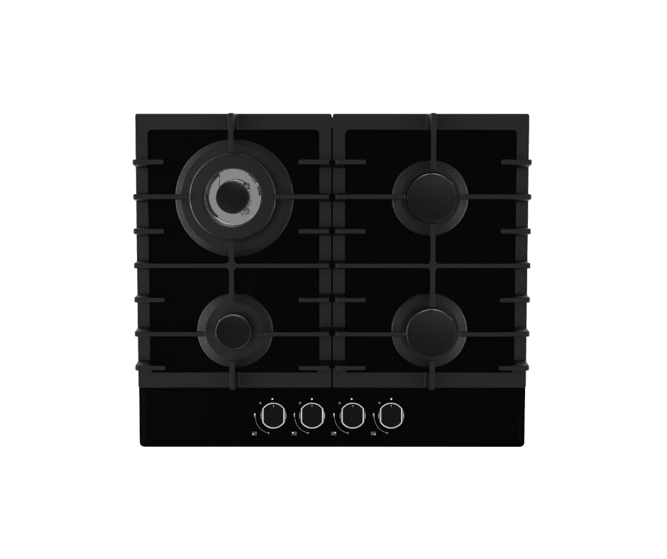 Een zwarte Inbouw gaskookplaat EGK657STGB Aardgas of propaangas in een keuken kantoorsetting, op een witte achtergrond.