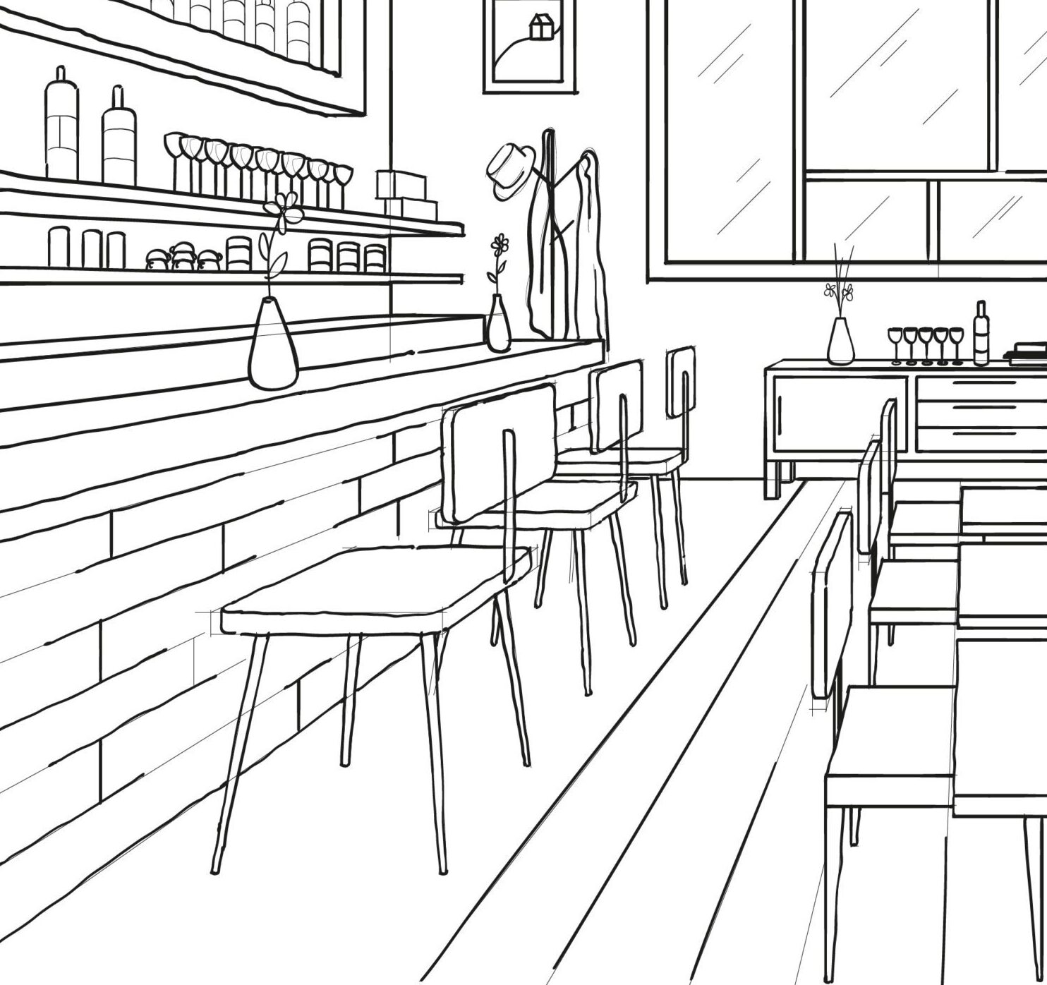 Een zwart-wit tekening van een keukenrestaurant in Nijkerk.