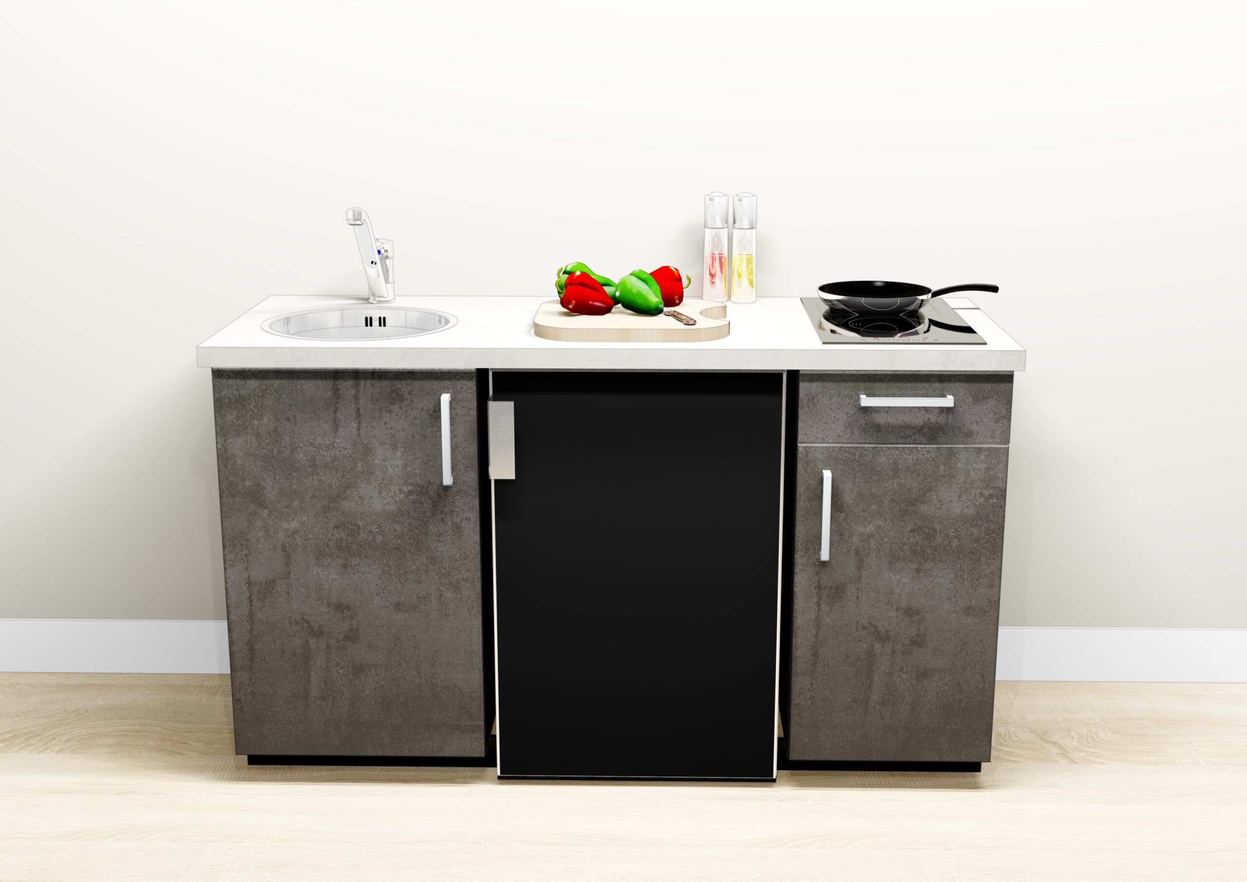 Een Keukenblok beton zwart | Laser aan het werk met een spoelbak en een koelkast in Nijkerk.