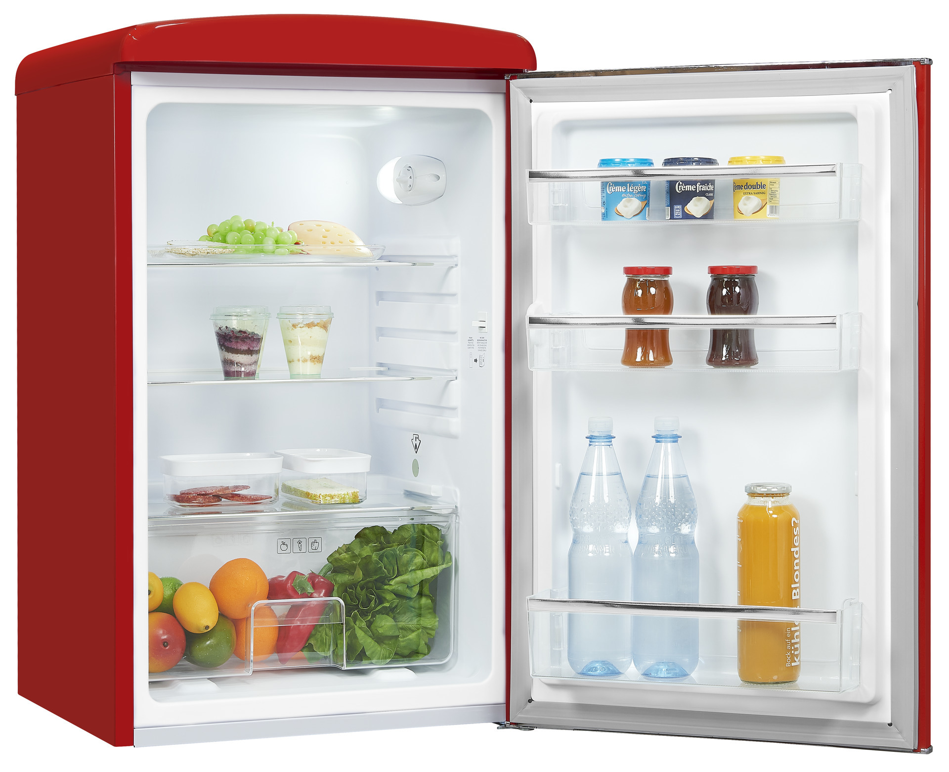 Een Koeler retro 1-deurs RKS120-V-H-160FROOD | Exquisit met een deur open op een witte achtergrond in een keuken.