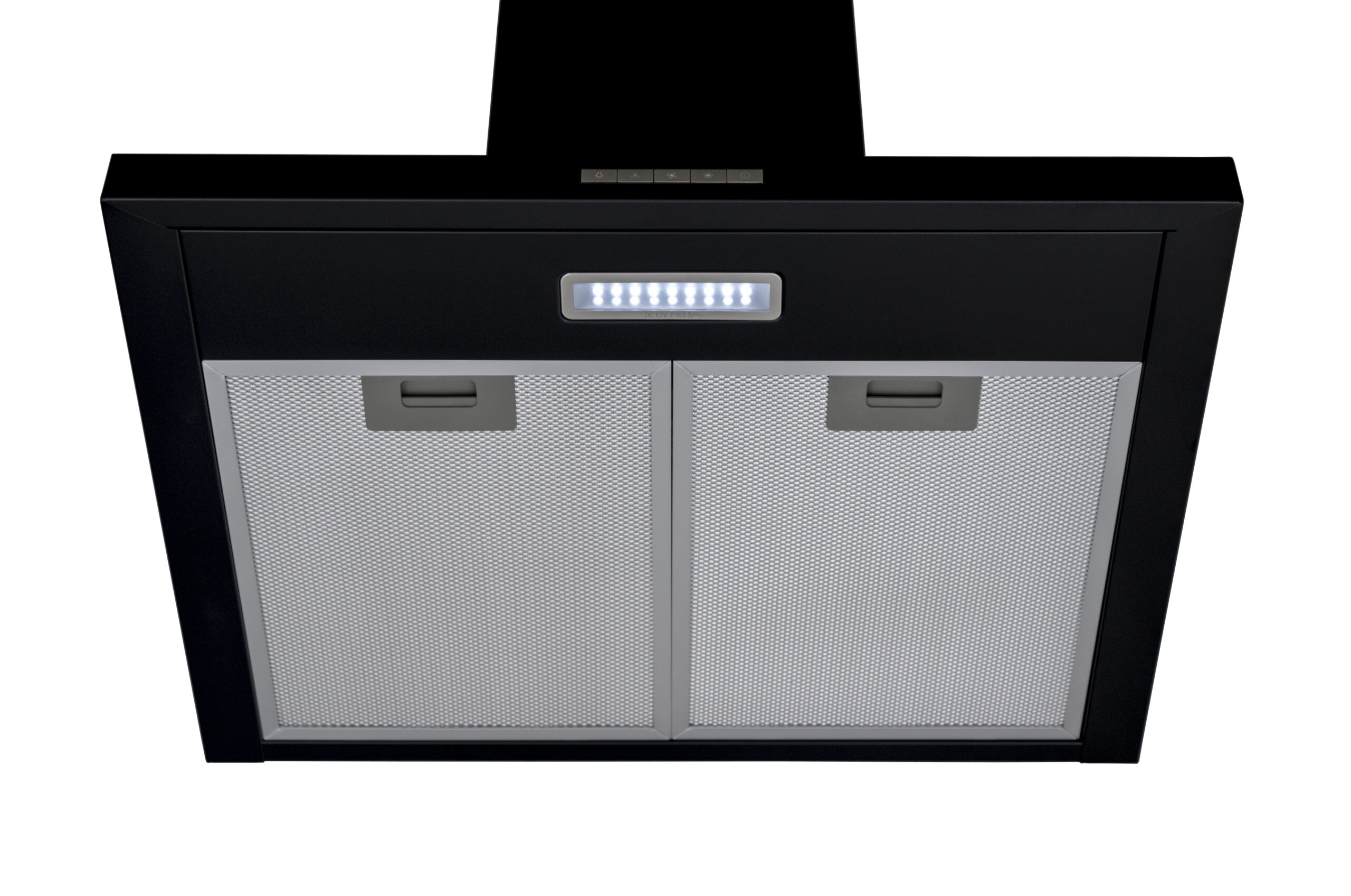 Een zwarte Afzuigkap zwart FKH62-3BL | Prachtig met een lampje erop in een keukensetting.